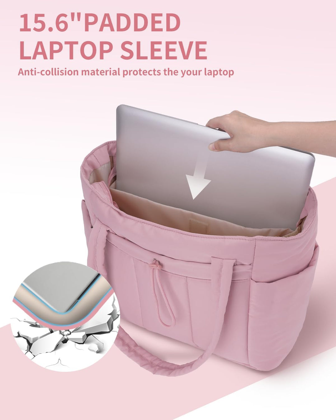 Quilted Puffer Tote z uchwytem na kubek i kieszenią na laptopa do podróży i pracy
