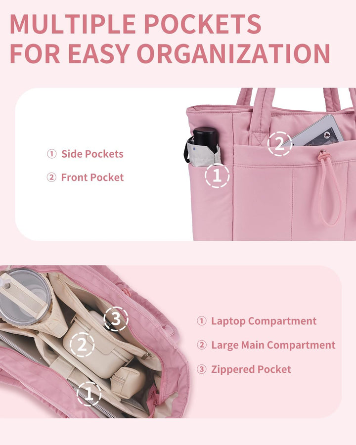 Quilted Puffer Tote z uchwytem na kubek i kieszenią na laptopa do podróży i pracy