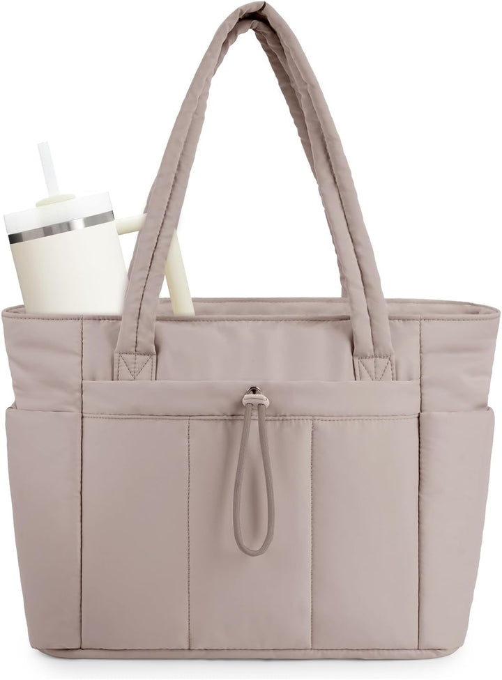 Quilted Puffer Tote z uchwytem na kubek i kieszenią na laptopa do podróży i pracy