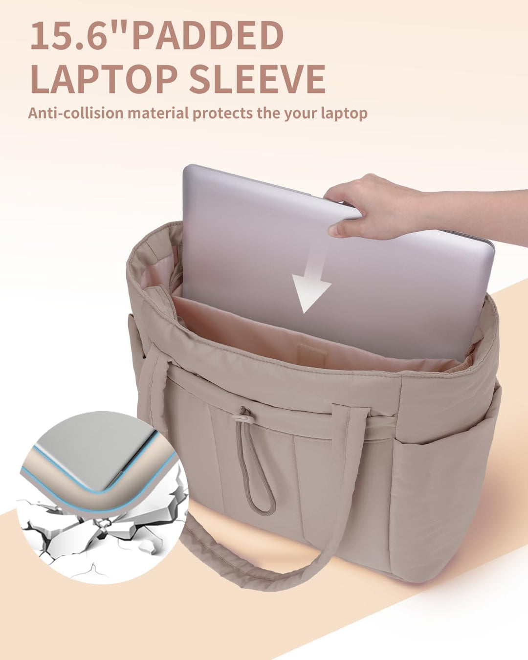 Quilted Puffer Tote z uchwytem na kubek i kieszenią na laptopa do podróży i pracy