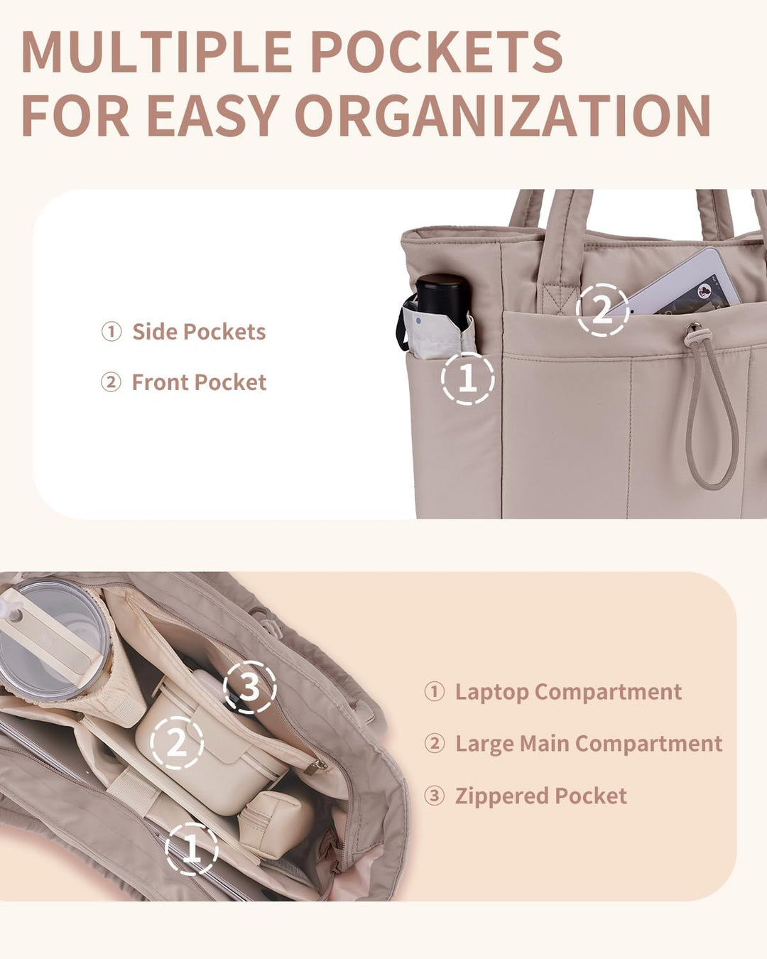 Quilted Puffer Tote z uchwytem na kubek i kieszenią na laptopa do podróży i pracy