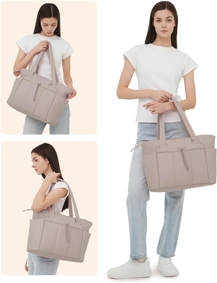 Quilted Puffer Tote z uchwytem na kubek i kieszenią na laptopa do podróży i pracy