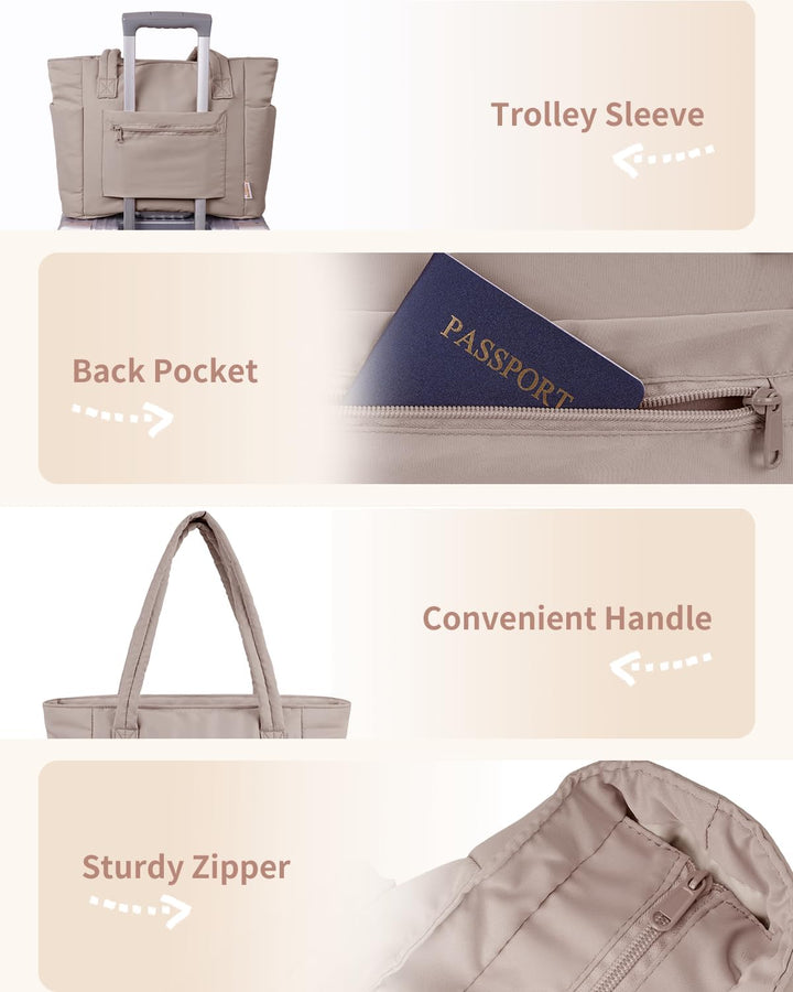 Quilted Puffer Tote z uchwytem na kubek i kieszenią na laptopa do podróży i pracy