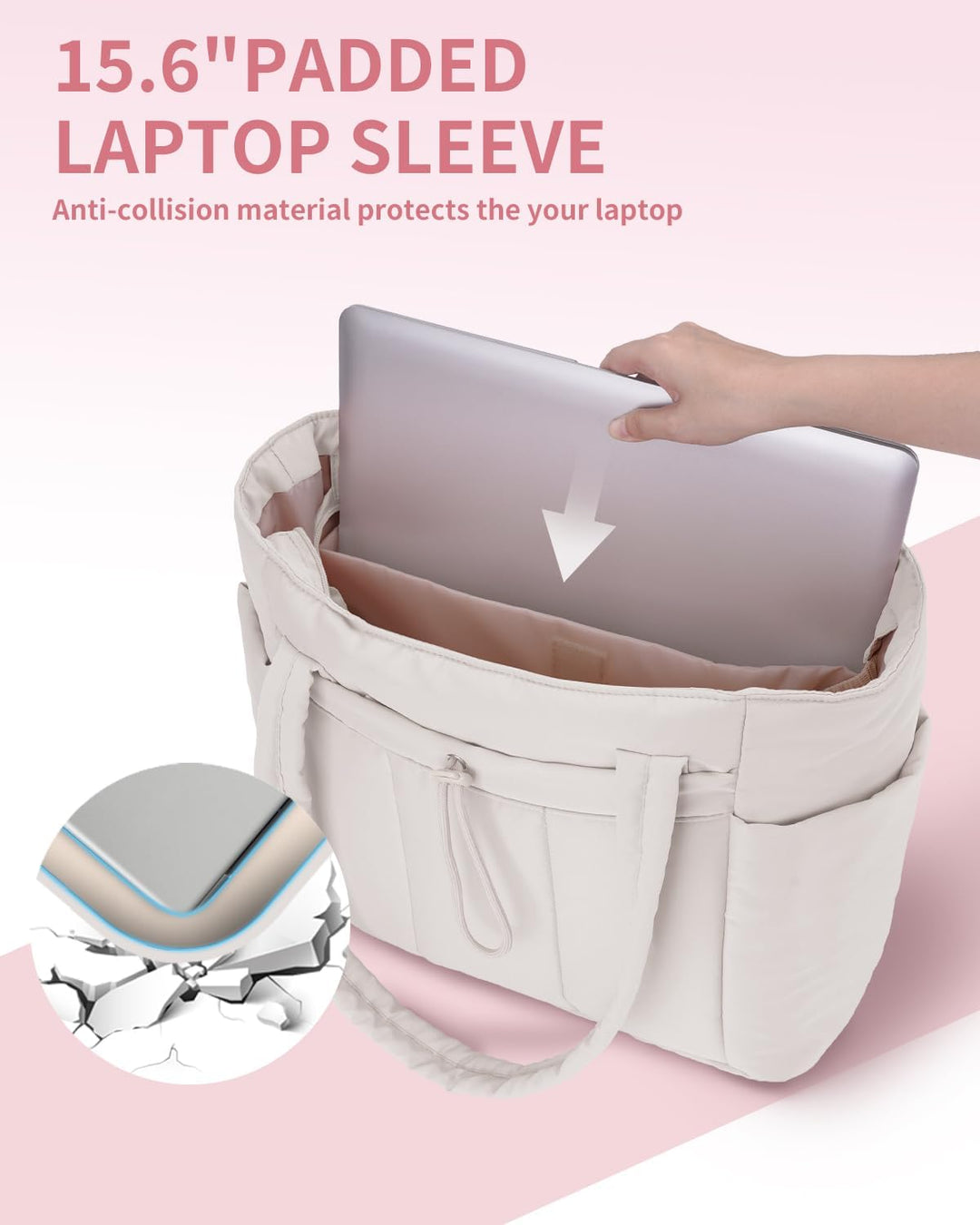 Quilted Puffer Tote z uchwytem na kubek i kieszenią na laptopa do podróży i pracy