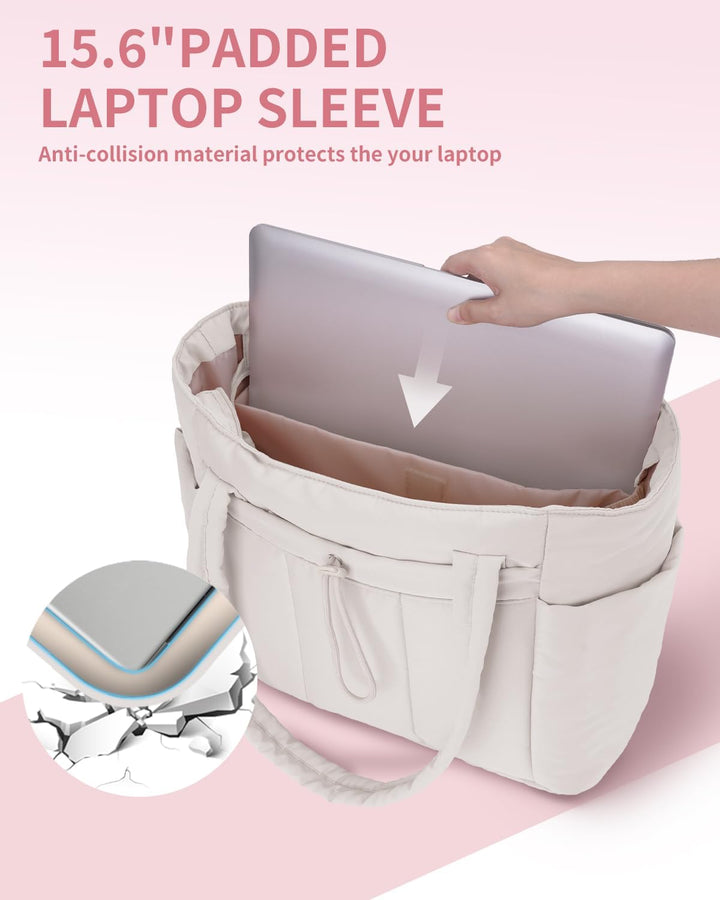 Quilted Puffer Tote z uchwytem na kubek i kieszenią na laptopa do podróży i pracy