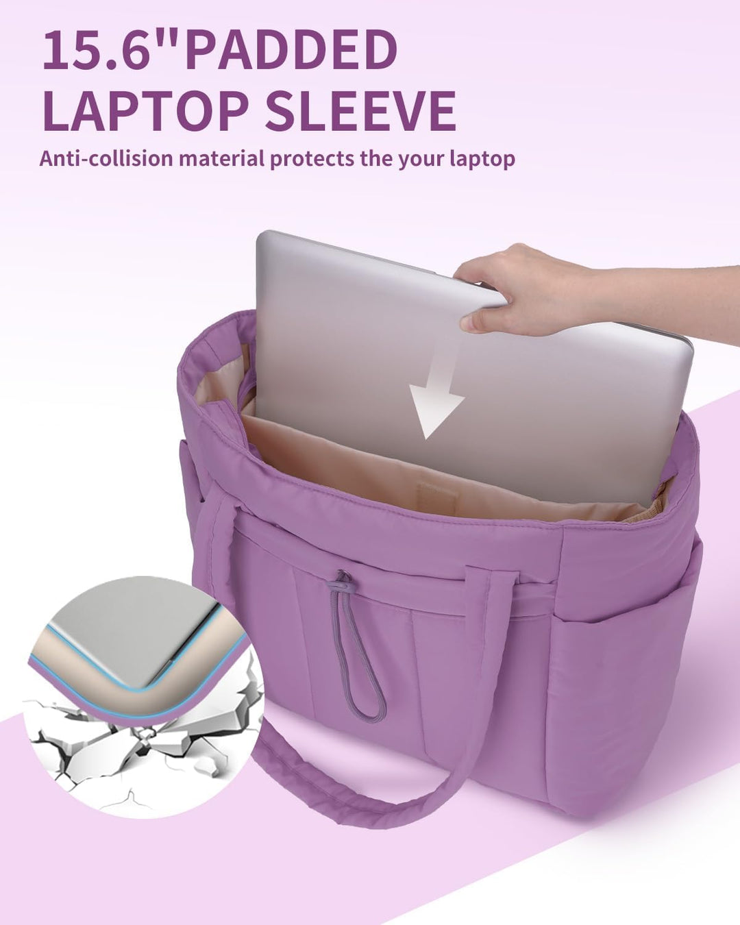 Quilted Puffer Tote z uchwytem na kubek i kieszenią na laptopa do podróży i pracy