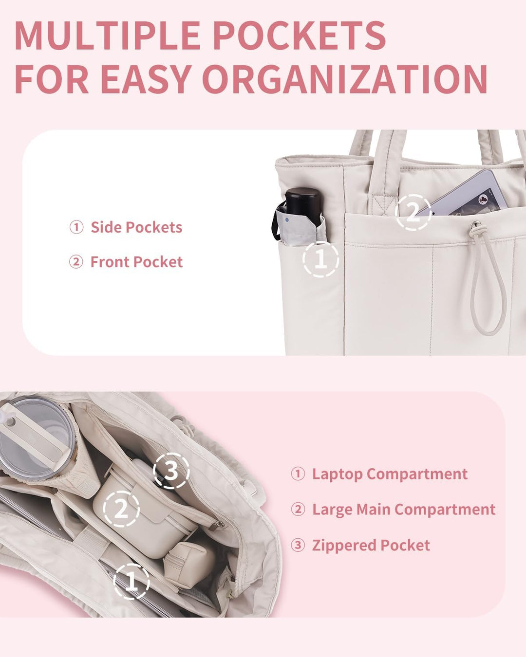 Quilted Puffer Tote z uchwytem na kubek i kieszenią na laptopa do podróży i pracy