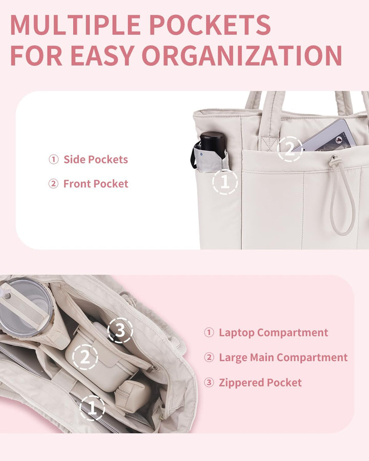 Quilted Puffer Tote z uchwytem na kubek i kieszenią na laptopa do podróży i pracy