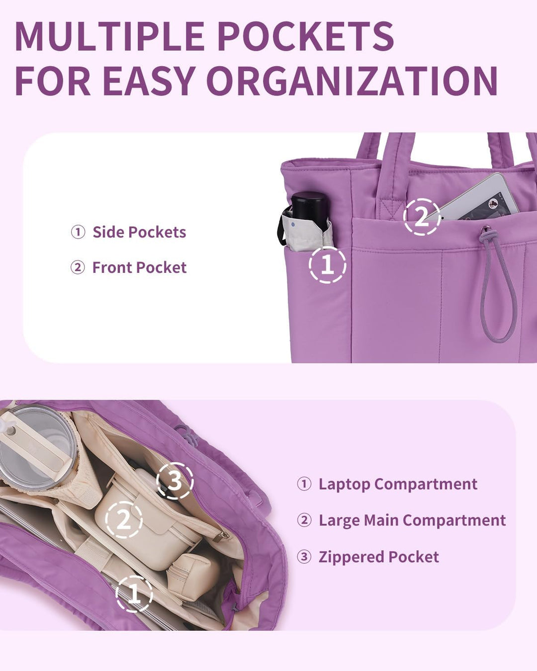 Quilted Puffer Tote z uchwytem na kubek i kieszenią na laptopa do podróży i pracy