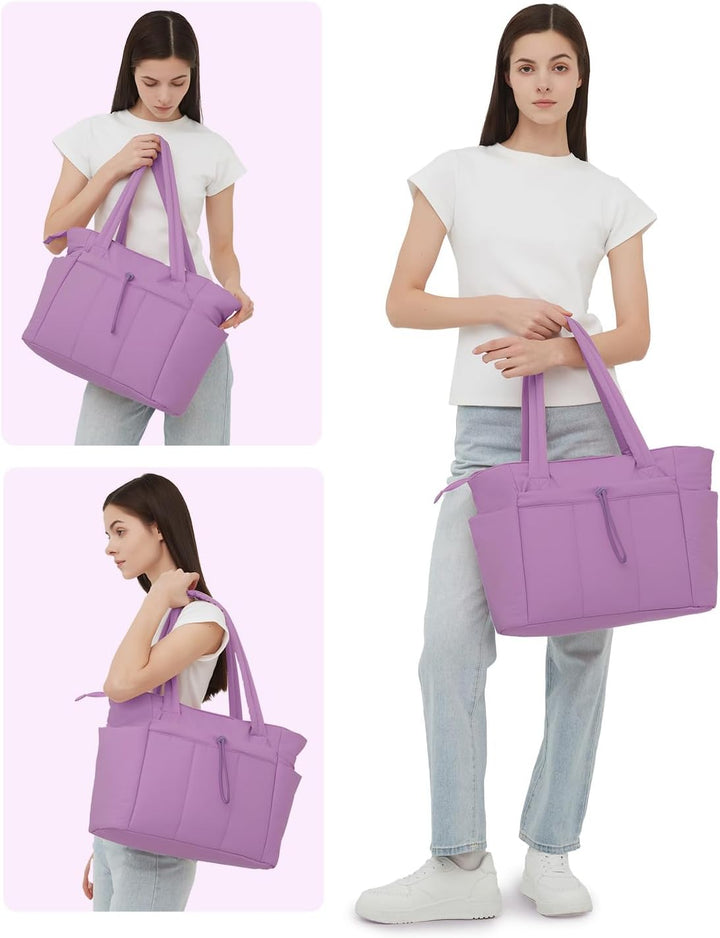 Quilted Puffer Tote z uchwytem na kubek i kieszenią na laptopa do podróży i pracy