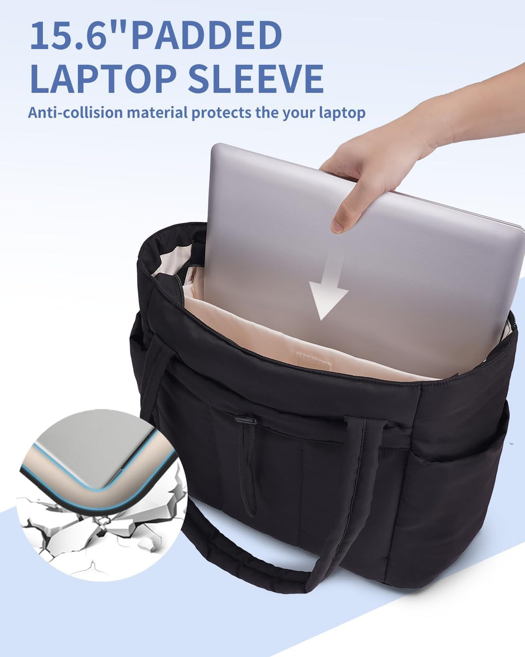 Quilted Puffer Tote z uchwytem na kubek i kieszenią na laptopa do podróży i pracy
