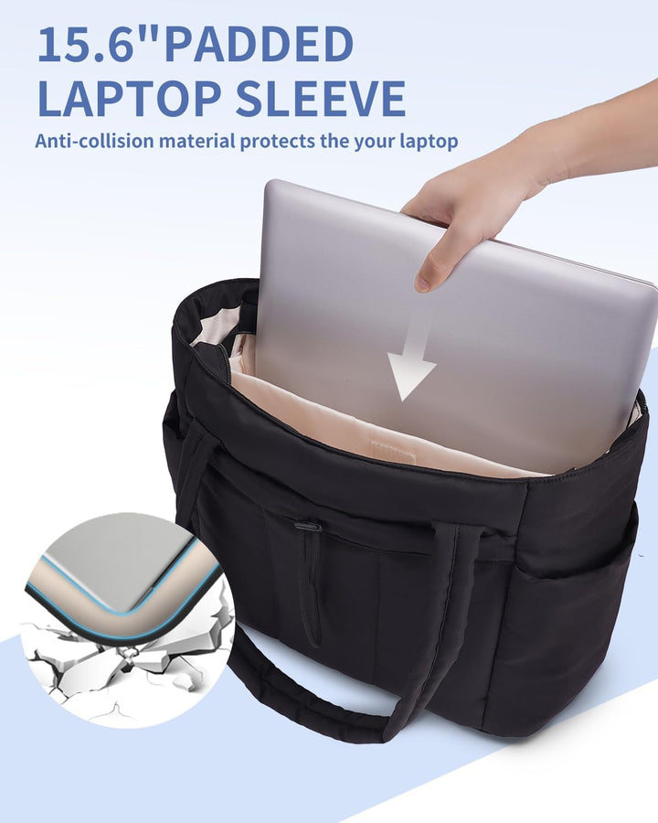 Quilted Puffer Tote z uchwytem na kubek i kieszenią na laptopa do podróży i pracy