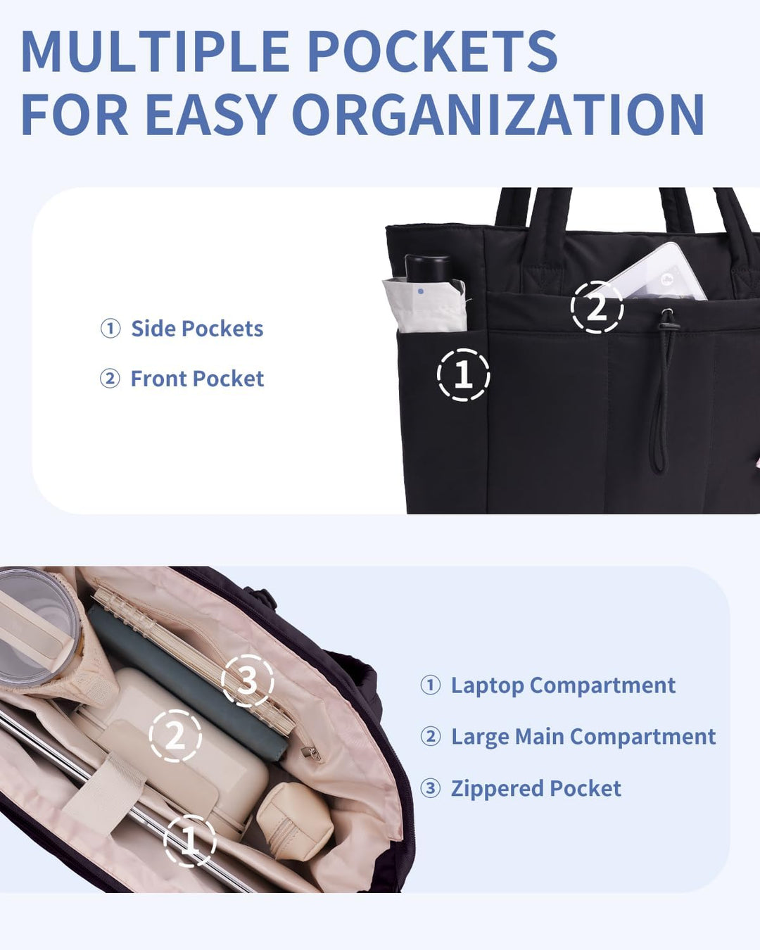 Quilted Puffer Tote z uchwytem na kubek i kieszenią na laptopa do podróży i pracy