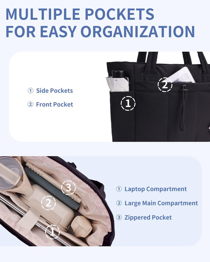 Quilted Puffer Tote z uchwytem na kubek i kieszenią na laptopa do podróży i pracy