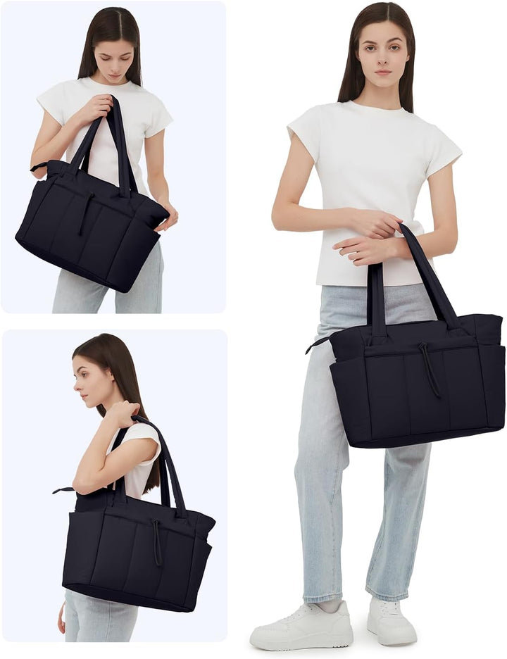 Quilted Puffer Tote z uchwytem na kubek i kieszenią na laptopa do podróży i pracy