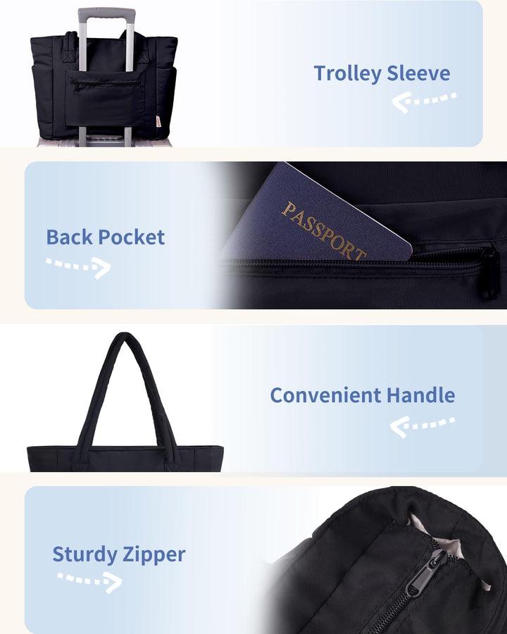 Quilted Puffer Tote z uchwytem na kubek i kieszenią na laptopa do podróży i pracy