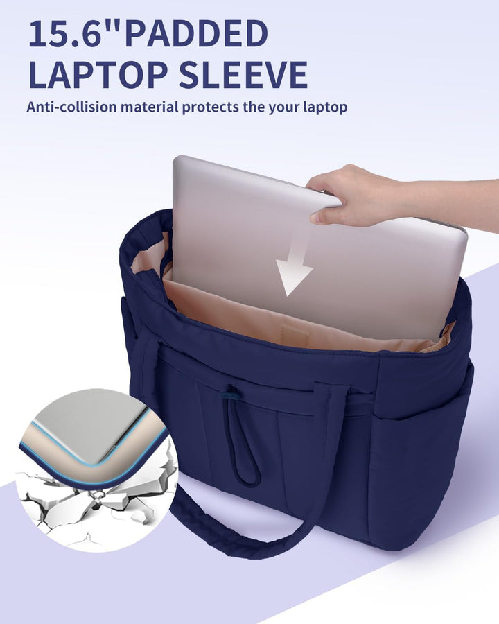 Quilted Puffer Tote z uchwytem na kubek i kieszenią na laptopa do podróży i pracy