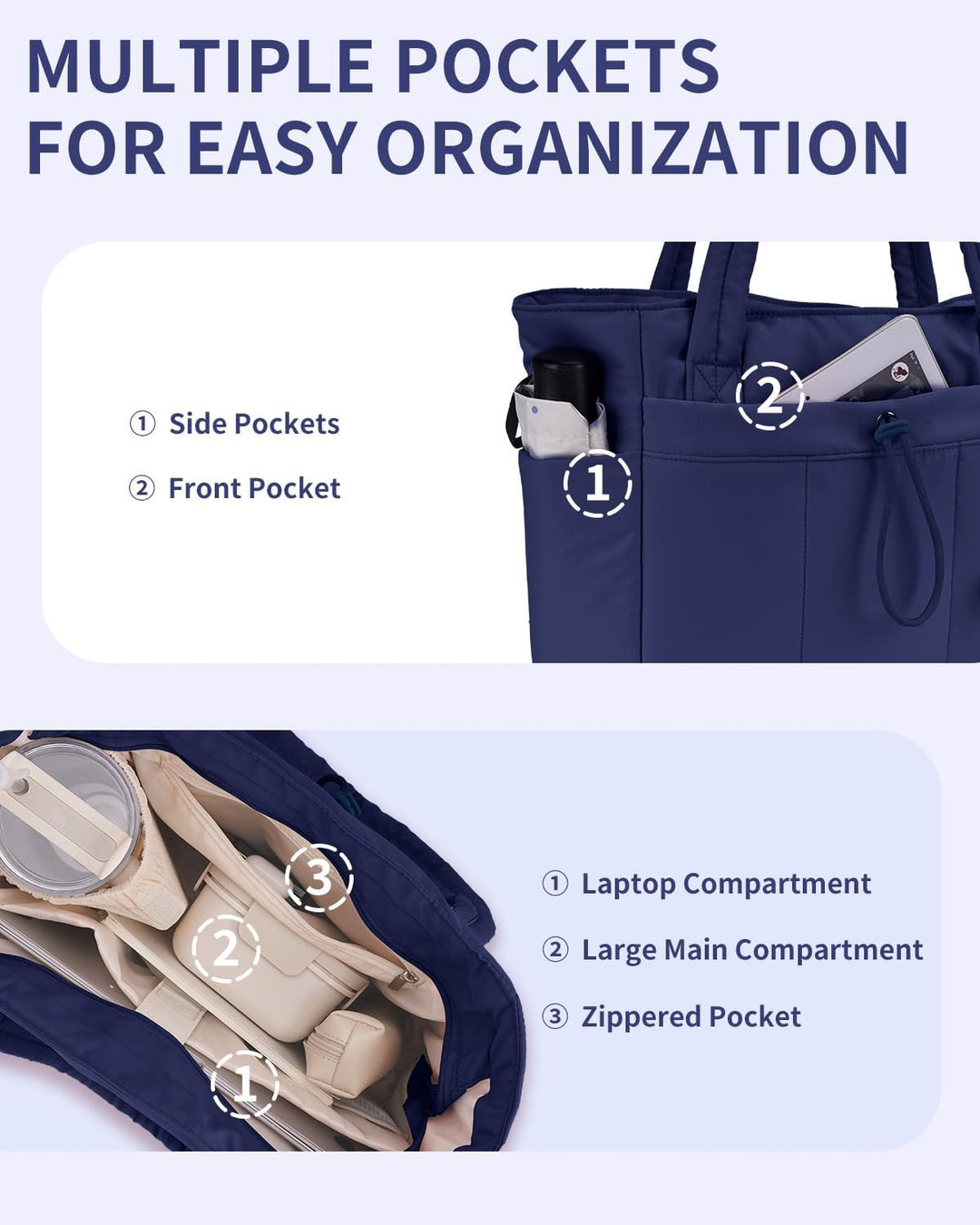 Quilted Puffer Tote z uchwytem na kubek i kieszenią na laptopa do podróży i pracy