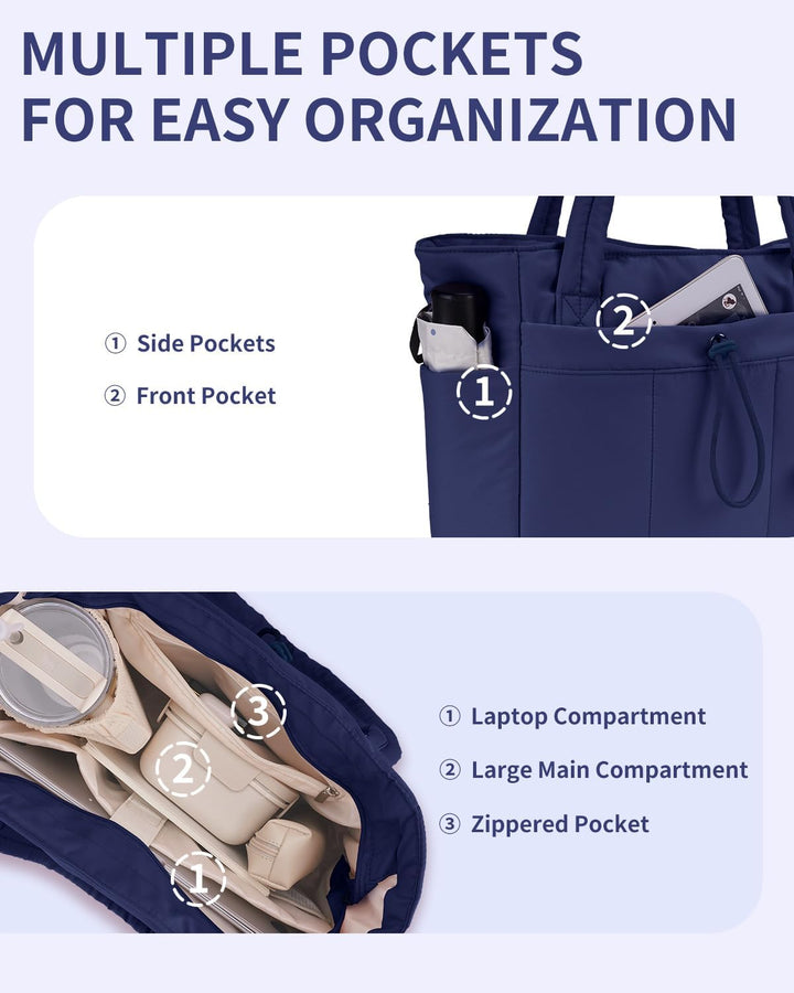 Quilted Puffer Tote z uchwytem na kubek i kieszenią na laptopa do podróży i pracy
