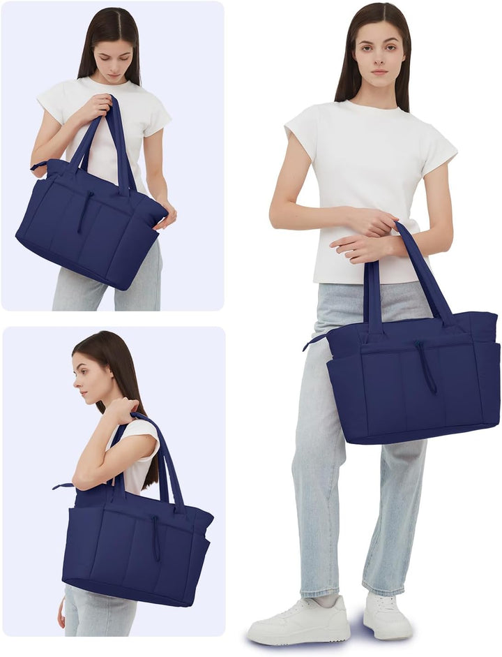 Quilted Puffer Tote z uchwytem na kubek i kieszenią na laptopa do podróży i pracy