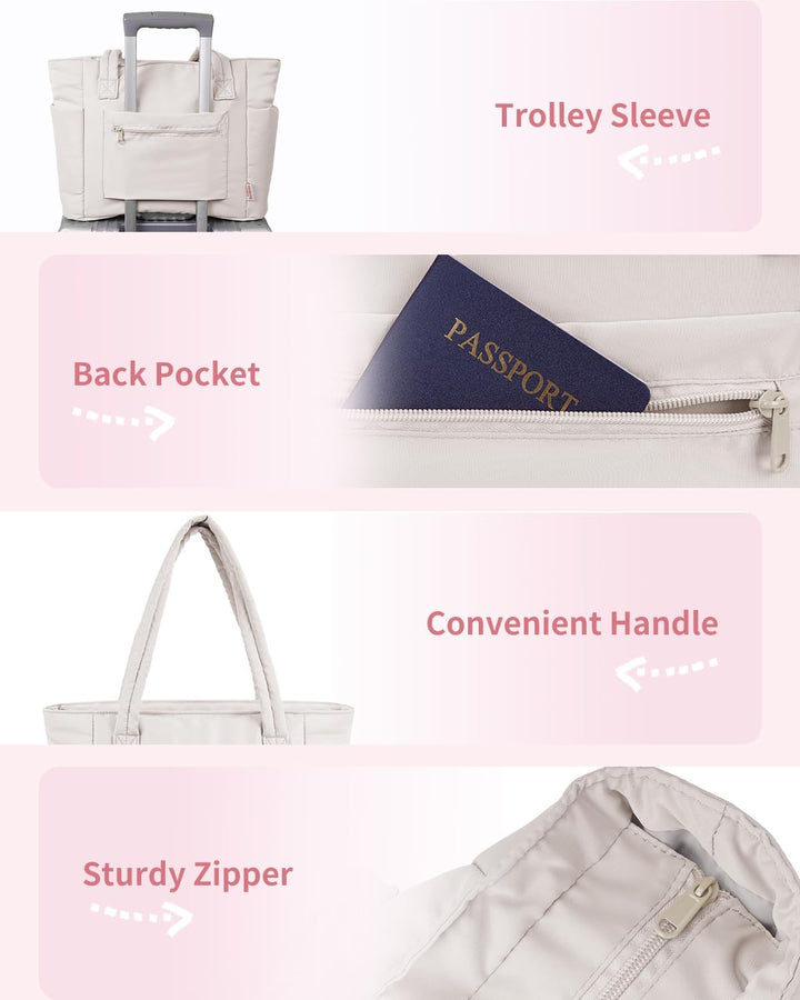 Quilted Puffer Tote z uchwytem na kubek i kieszenią na laptopa do podróży i pracy