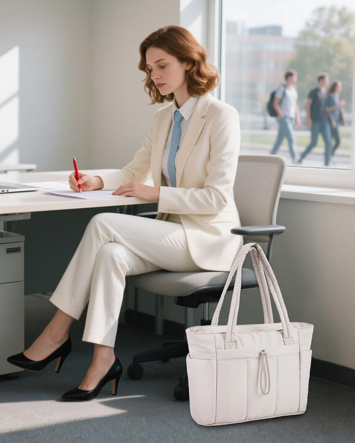 Quilted Puffer Tote z uchwytem na kubek i kieszenią na laptopa do podróży i pracy