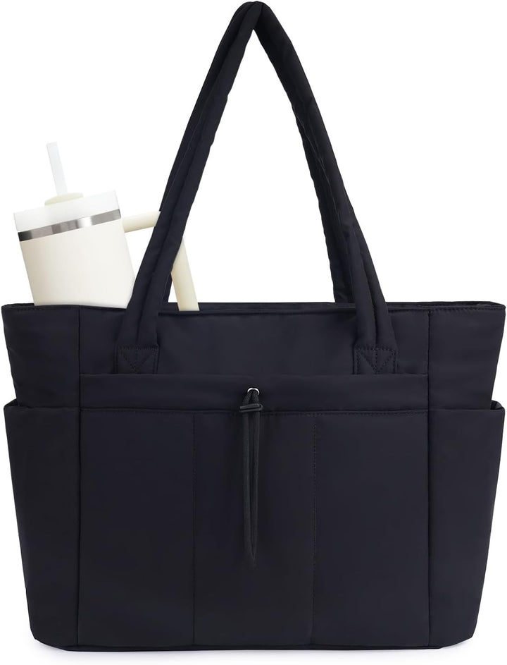 Quilted Puffer Tote z uchwytem na kubek i kieszenią na laptopa do podróży i pracy