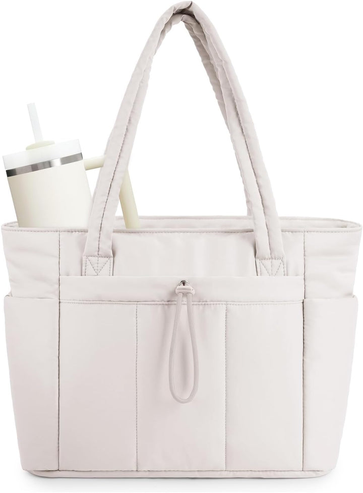 Quilted Puffer Tote z uchwytem na kubek i kieszenią na laptopa do podróży i pracy
