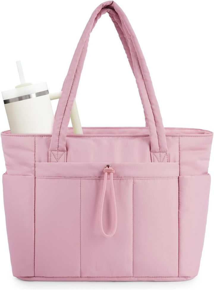 Quilted Puffer Tote z uchwytem na kubek i kieszenią na laptopa do podróży i pracy