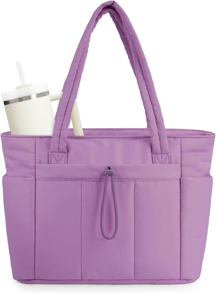 Quilted Puffer Tote z uchwytem na kubek i kieszenią na laptopa do podróży i pracy