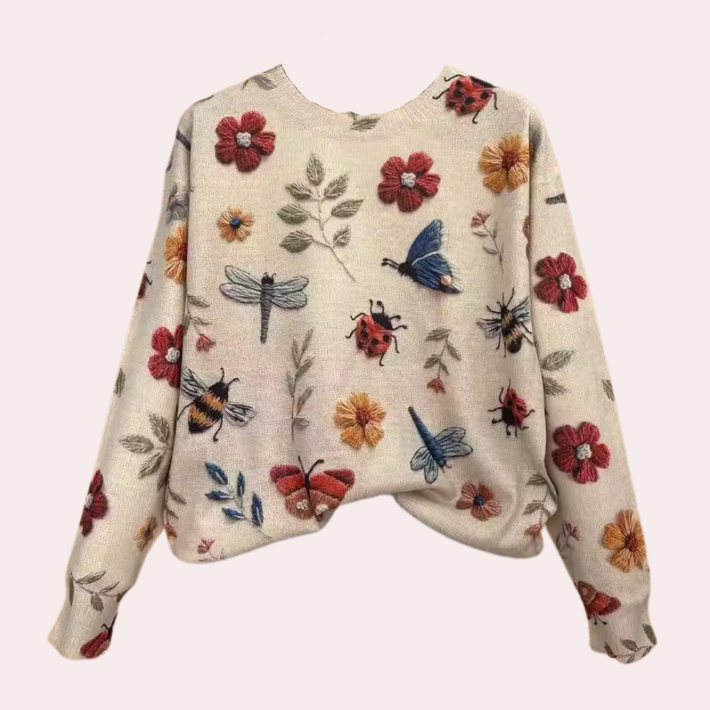 Wesoła damska sweter z nadrukiem kwiatowym - Fleur-Biały-XS-Trend Polska