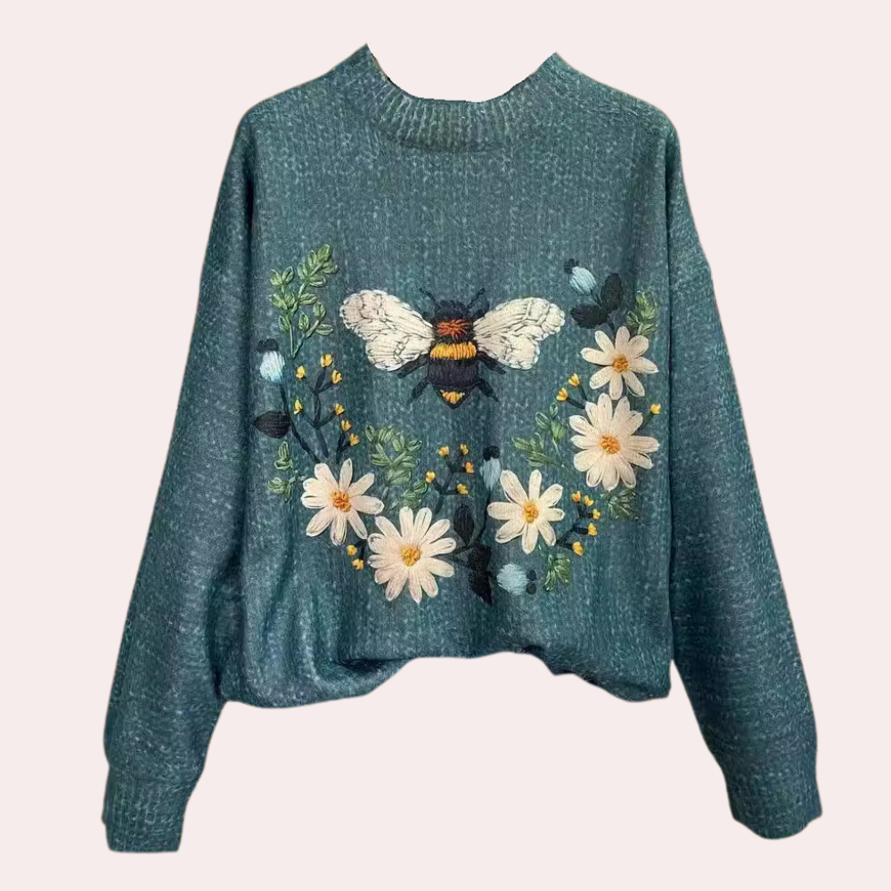 Wesoła damska sweter z nadrukiem kwiatowym - Fleur-Niebieski-XS-Trend Polska