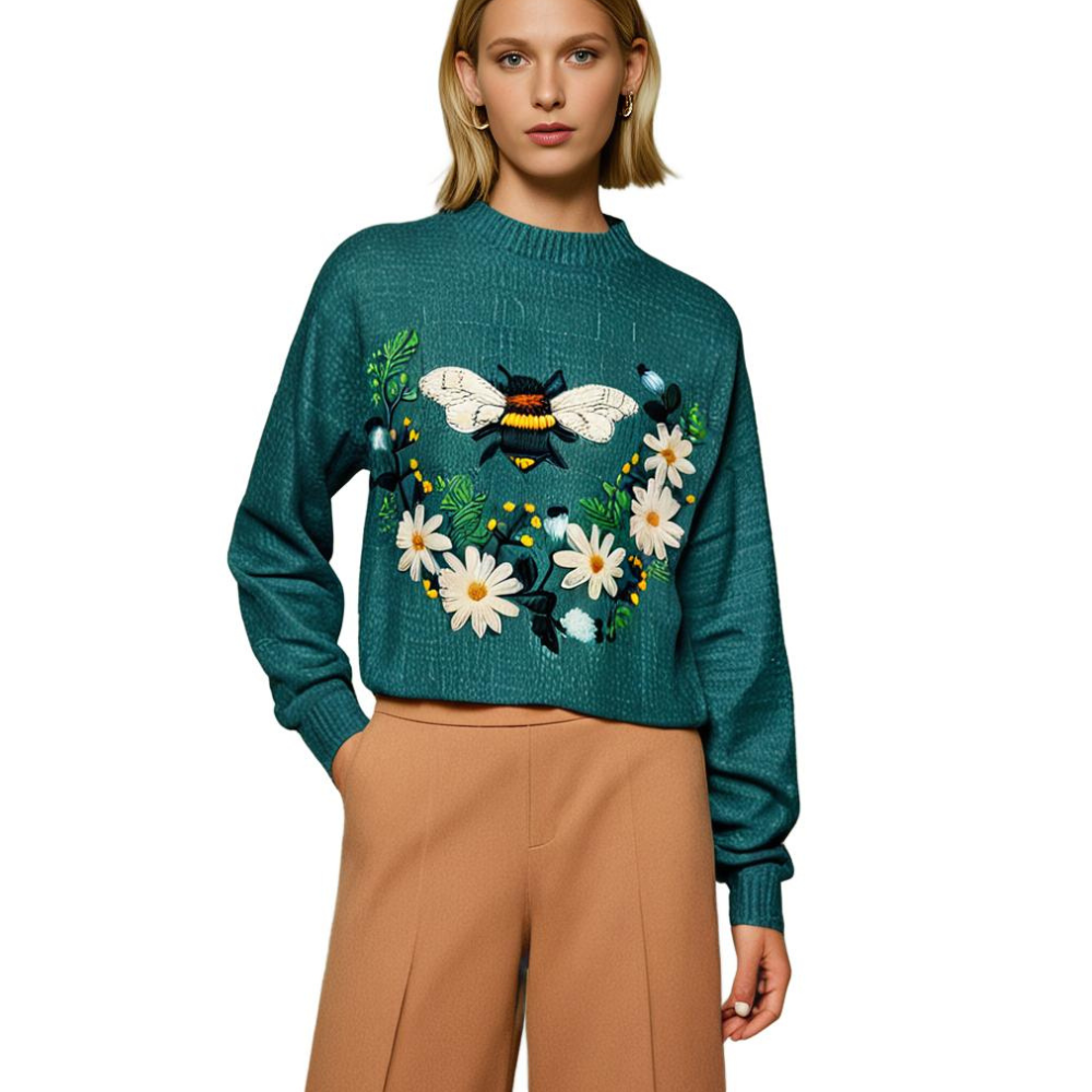 Wesoła damska sweter z nadrukiem kwiatowym - Fleur-Biały-XS-Trend Polska