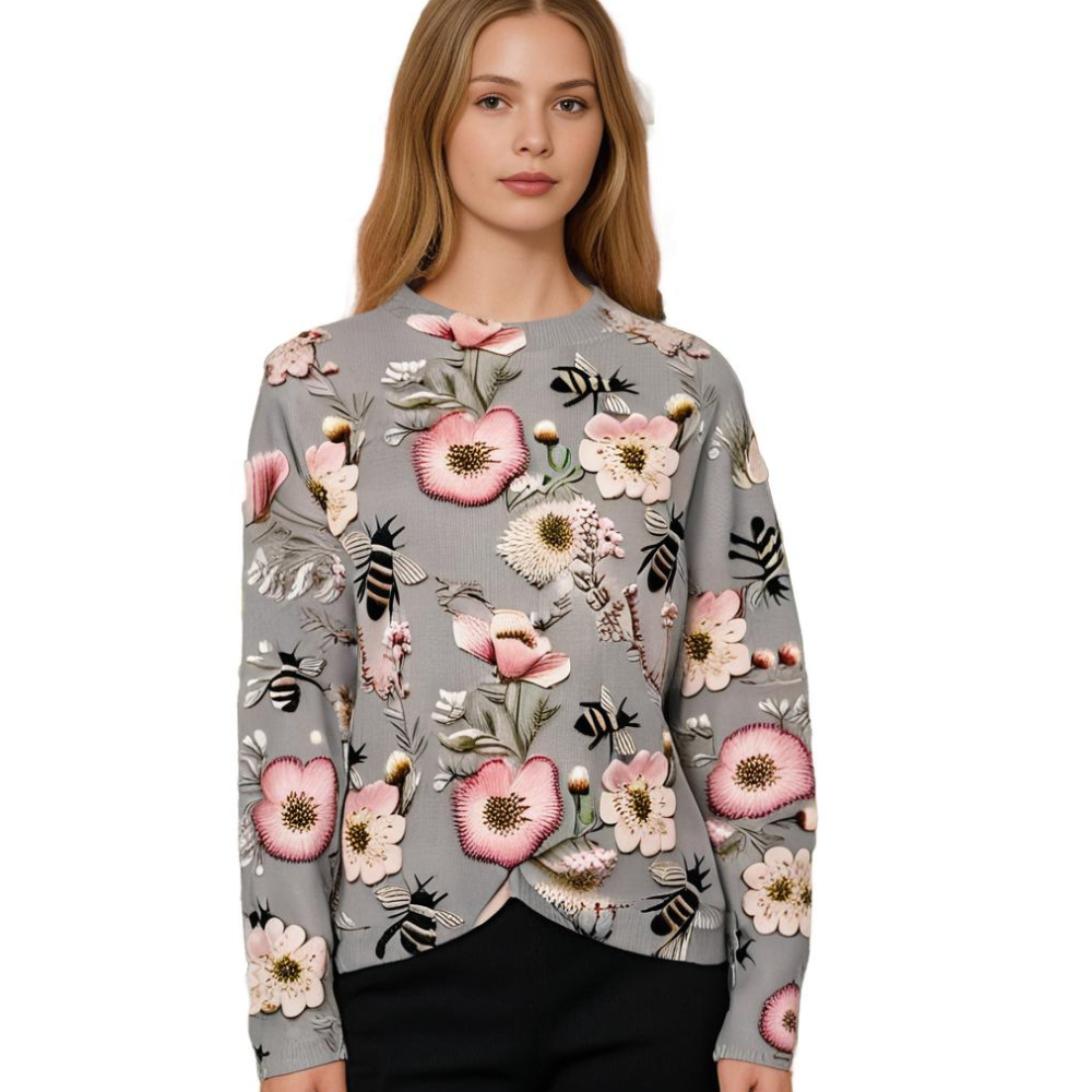 Wesoła damska sweter z nadrukiem kwiatowym - Fleur-Biały-XS-Trend Polska