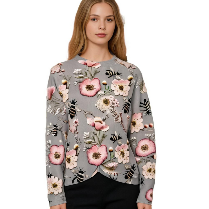 Wesoła damska sweter z nadrukiem kwiatowym - Fleur-Biały-XS-Trend Polska