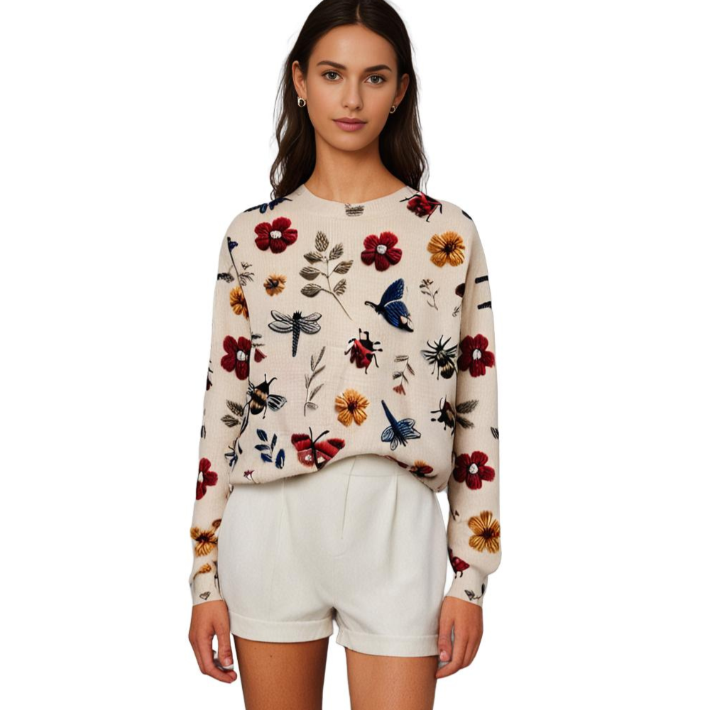 Wesoła damska sweter z nadrukiem kwiatowym - Fleur-Biały-XS-Trend Polska