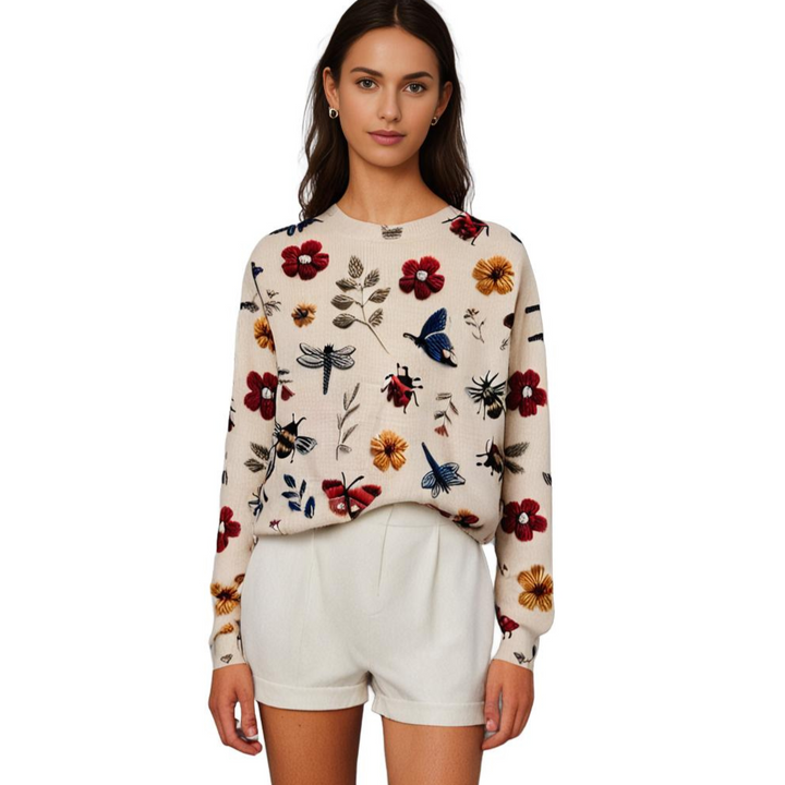 Wesoła damska sweter z nadrukiem kwiatowym - Fleur-Biały-XS-Trend Polska