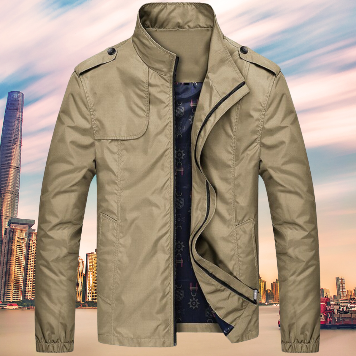 Wiatrówka męska z kołnierzem - Camden-Khaki-M-Trend Polska
