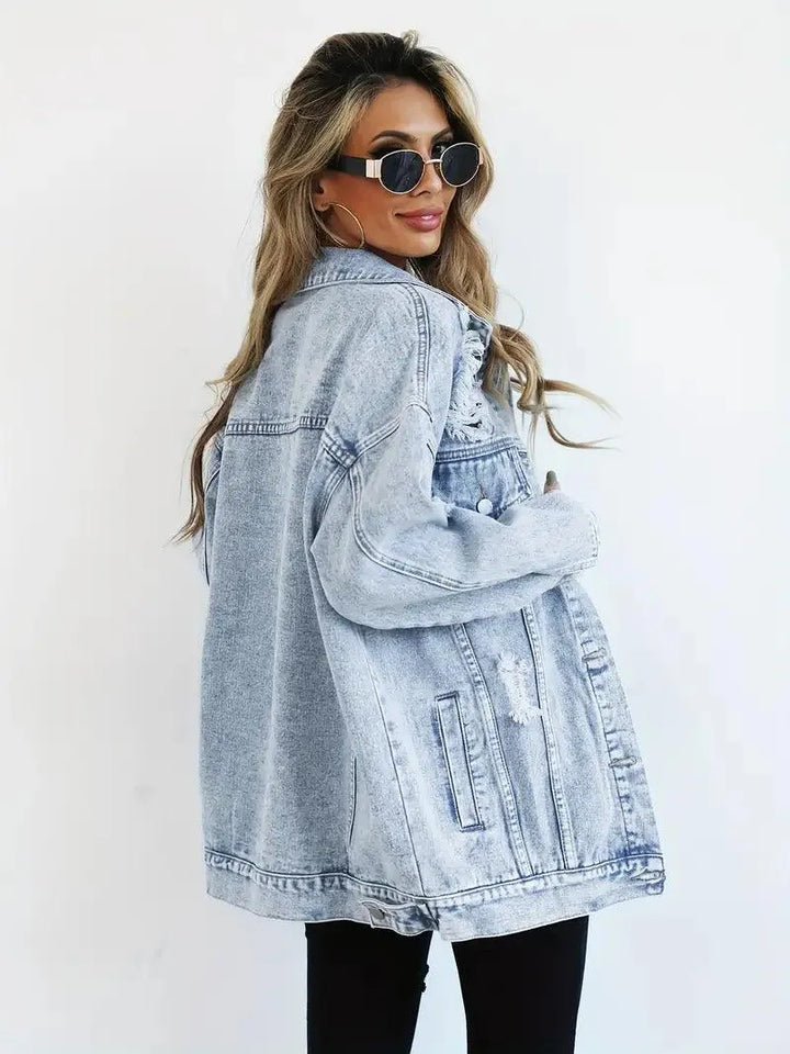 Wodoodporna i ocieplana oversize damska kurtka dżinsowa z kapturem – Talia-Błękitny-S-Trend Polska