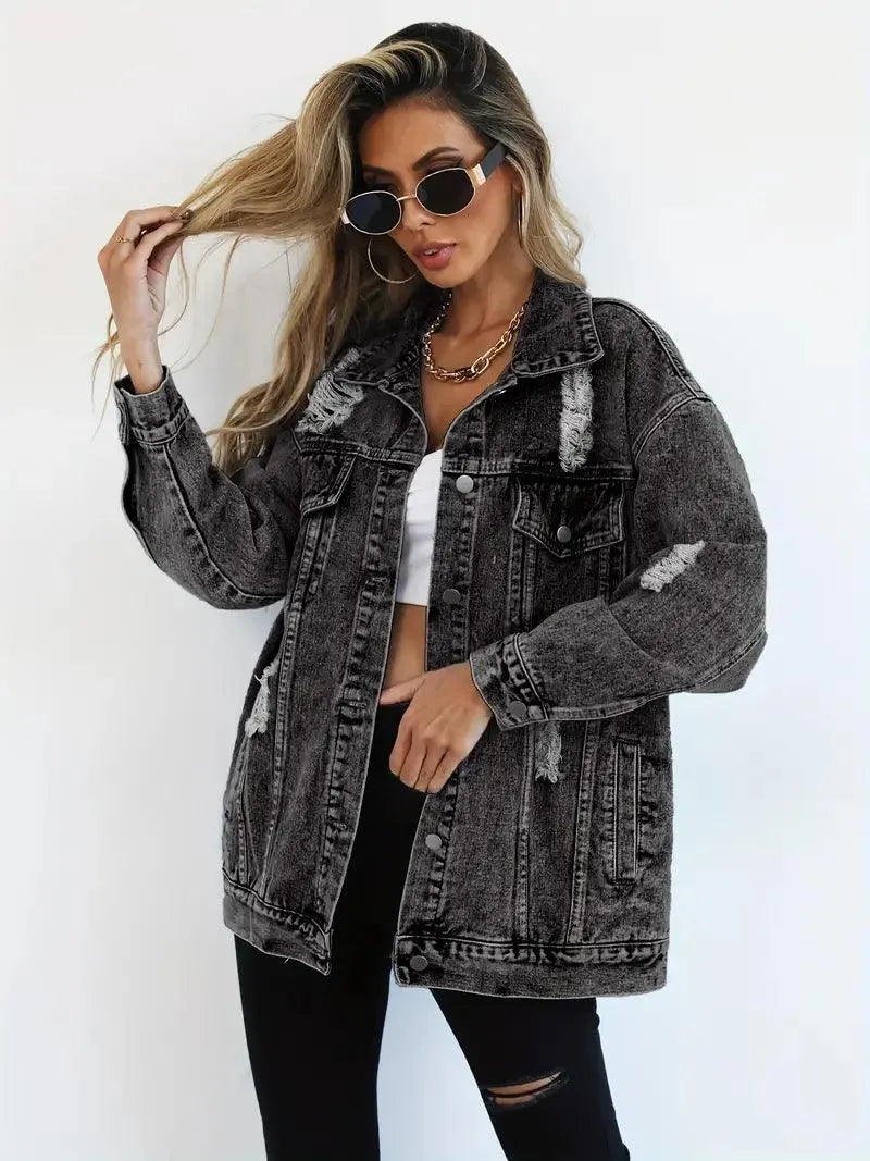 Wodoodporna i ocieplana oversize damska kurtka dżinsowa z kapturem – Talia-Niebieski-S-Trend Polska