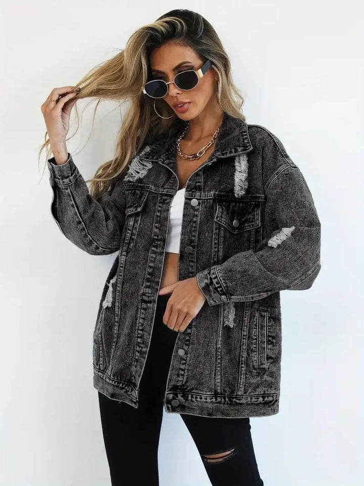 Wodoodporna i ocieplana oversize damska kurtka dżinsowa z kapturem – Talia-Niebieski-S-Trend Polska