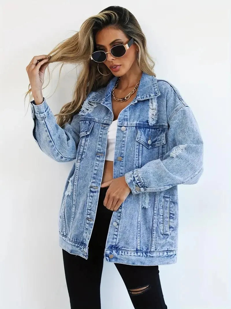 Wodoodporna i ocieplana oversize damska kurtka dżinsowa z kapturem – Talia-Niebieski-S-Trend Polska
