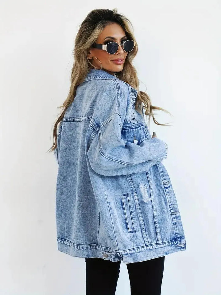 Wodoodporna i ocieplana oversize damska kurtka dżinsowa z kapturem – Talia-Niebieski-S-Trend Polska