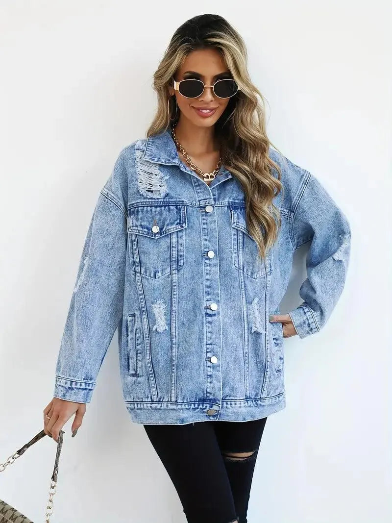 Wodoodporna i ocieplana oversize damska kurtka dżinsowa z kapturem – Talia-Niebieski-S-Trend Polska