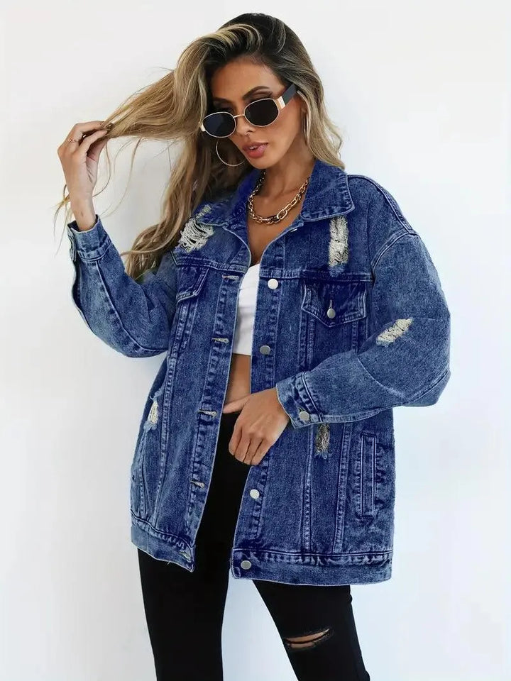 Wodoodporna i ocieplana oversize damska kurtka dżinsowa z kapturem – Talia-Niebieski-S-Trend Polska