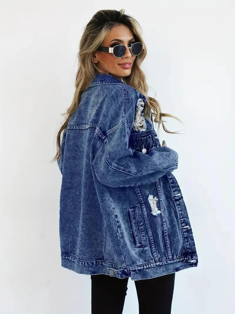 Wodoodporna i ocieplana oversize damska kurtka dżinsowa z kapturem – Talia-Niebieski-S-Trend Polska