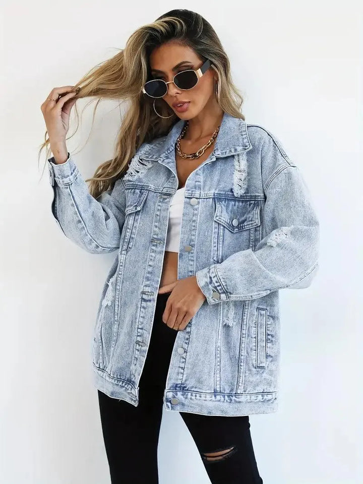 Wodoodporna i ocieplana oversize damska kurtka dżinsowa z kapturem – Talia-Niebieski-S-Trend Polska