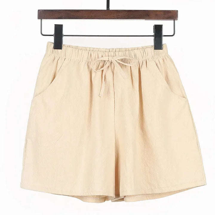 Wygodne damskie lniane szorty z wysokim stanem i sportowym krojem – Fenja-Khaki-S-Trend Polska
