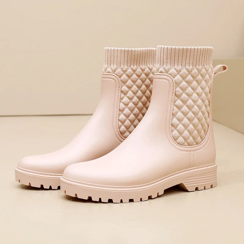 Wygodne Wodoodporne Damskie Kalosze - Livia Rain Luxe-Beżowy tkany-36-Trend Polska