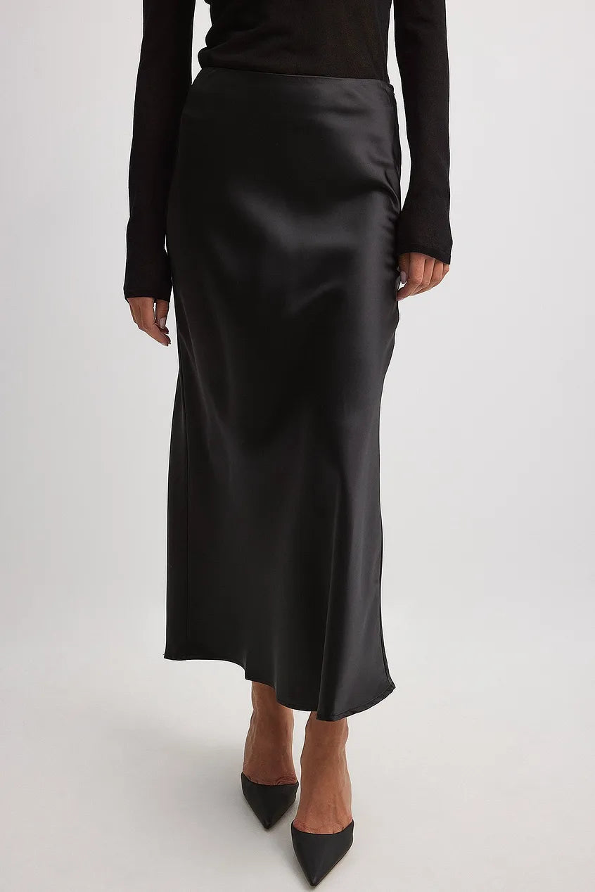 Wysoka Talie Satynowa Spódnica – Leona-Czarny-S-Trend Polska